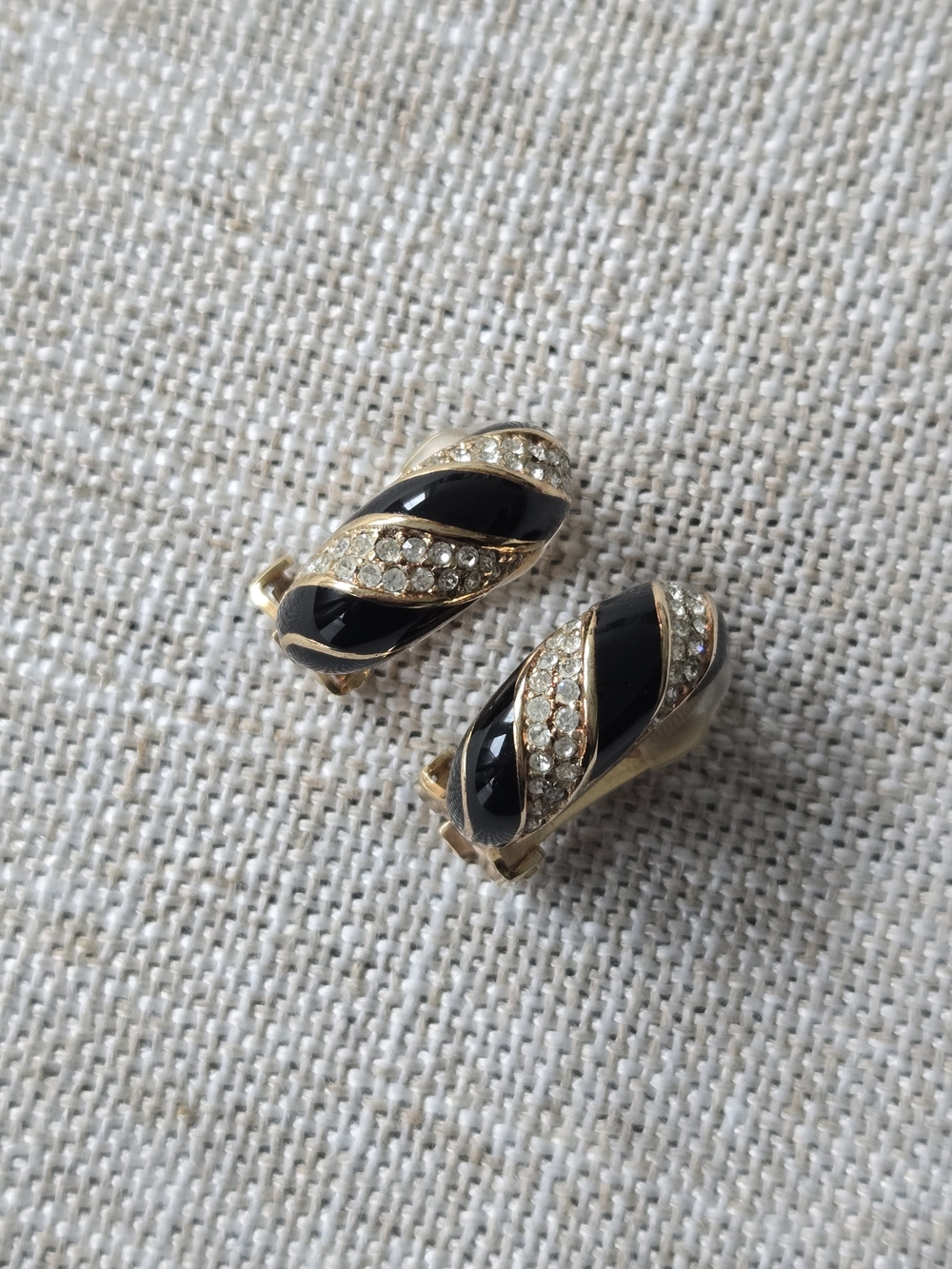 DIOR Gold-Tone Black Enamel and Crystal Clip-On